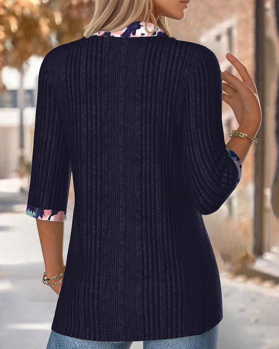 Blus Med Revers Trekvartsärm Kontrastfärg