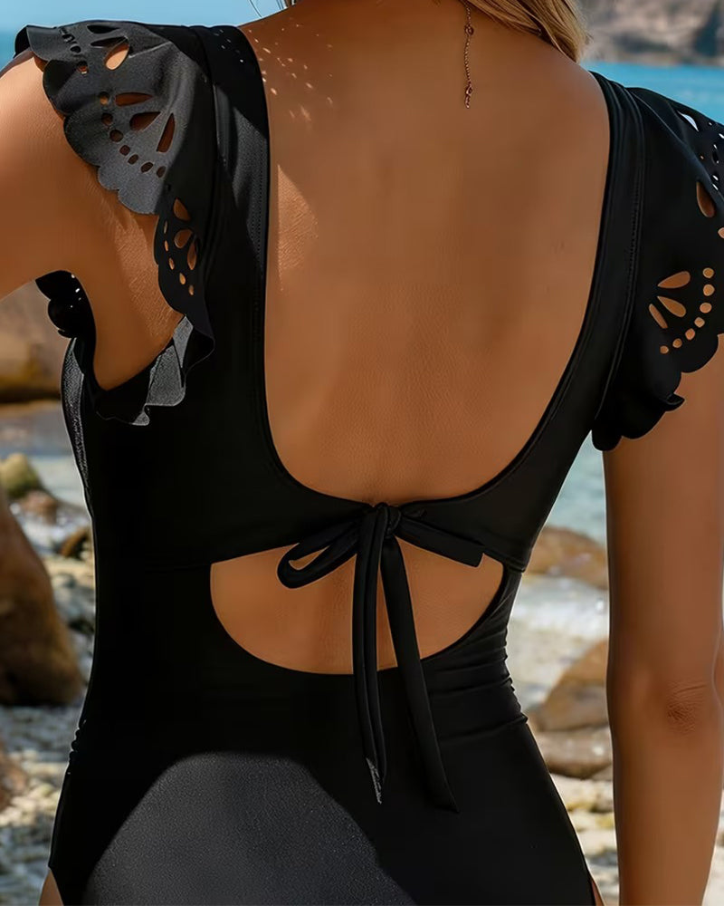 Hel Baddräkt Rynkad Utskuren Ärm