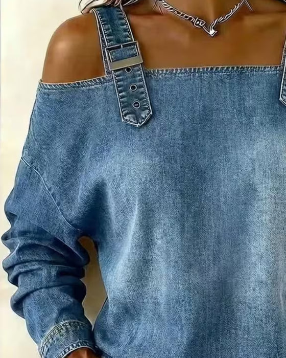 Blus Spagettiband Off-Shoulder Denim Metall Knapp