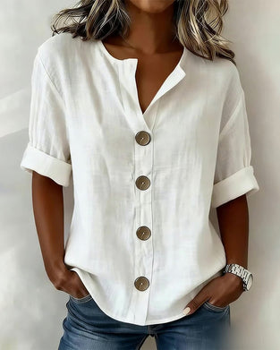 Lös Blus Med Korta Ärmar Och Stora Knappar