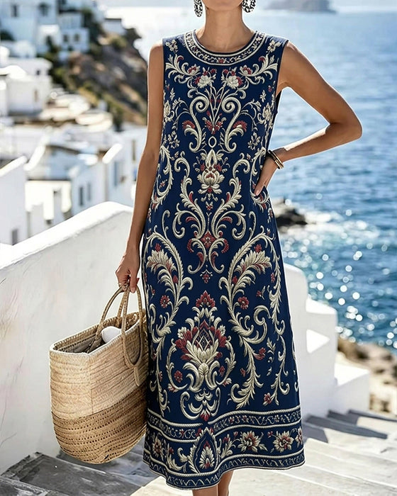 Klänning Vintage Blommig Ärmlös Lång