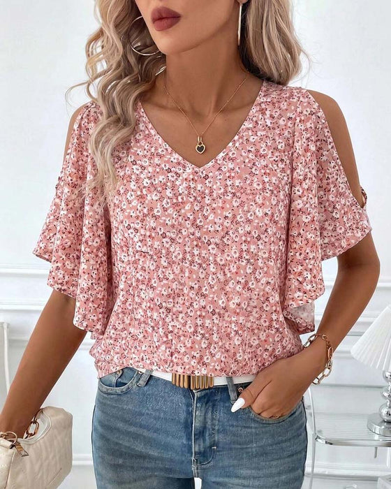 Blus V-Hals Blommig Off-Shoulder Fladder Ärm