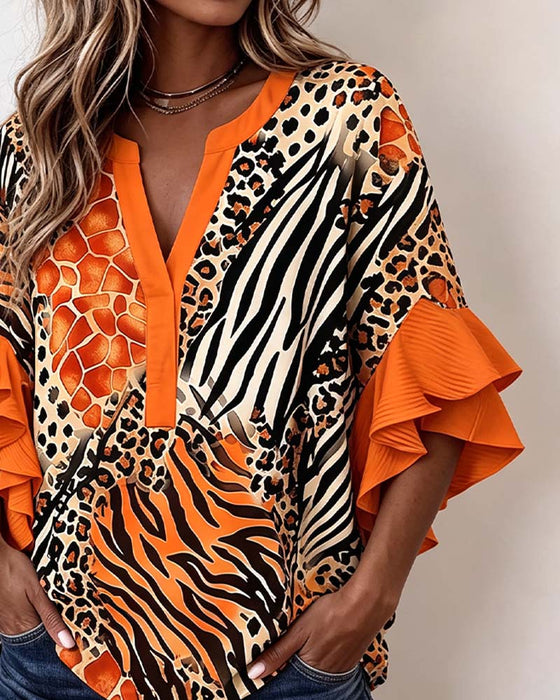 Blus Zebra Leopard Tryck Ruffle Ärm