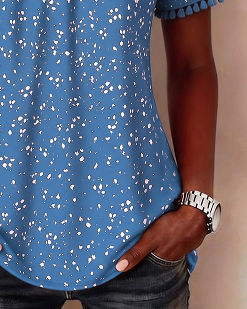 Blus Vit Prick Fringe Kort Ärm