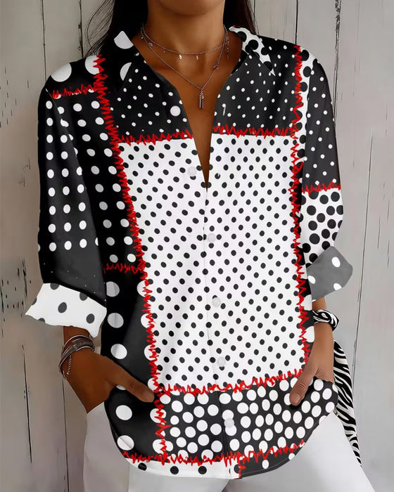 Skjorta Polka Dot Lång Ärm Färgblock