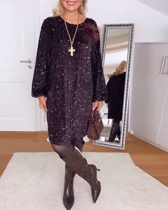 Lyktskeppsärmar Löst Paillettfylld Klänning