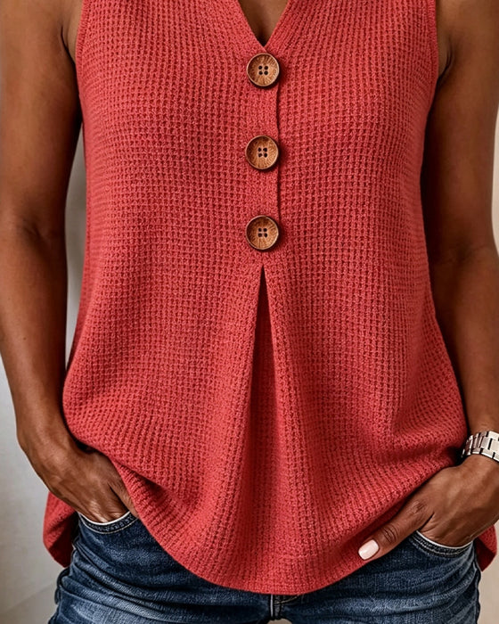 Tank Top Ärmlös Liten V-Hals Våffla Solid