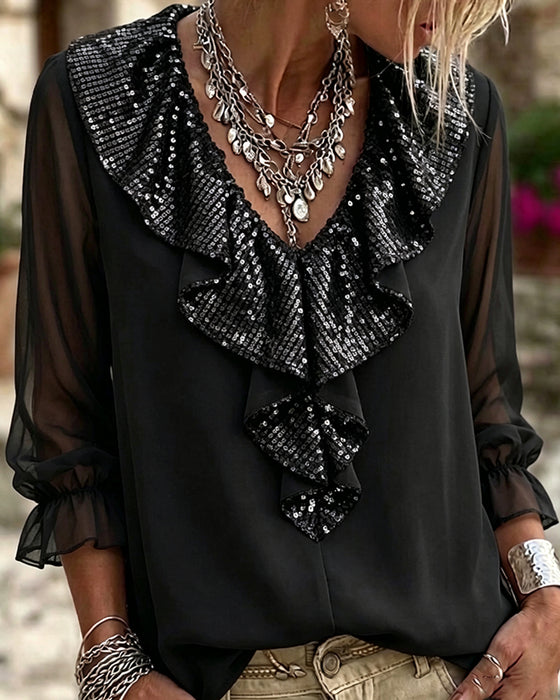 Blus Stilig V-Hals Spetskant Sheer