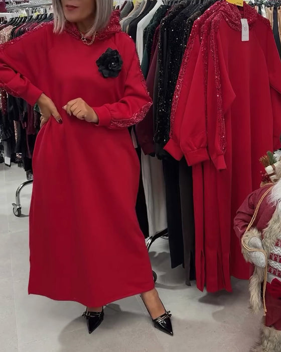 Klänning Med Huva Glitter Broderi Lång