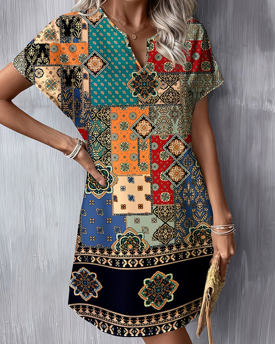Klänning Etnisk Färgblock Kort Ärm