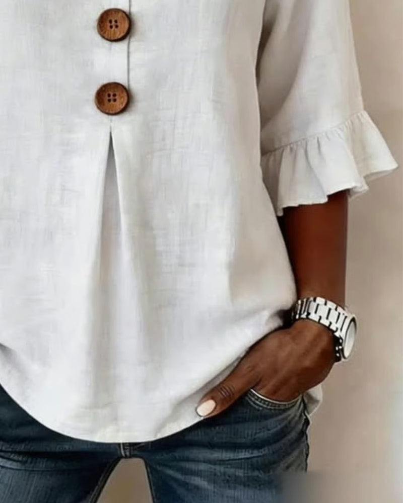 Blusar Enfärgad Bomullslinne Träknappar Rynkningar