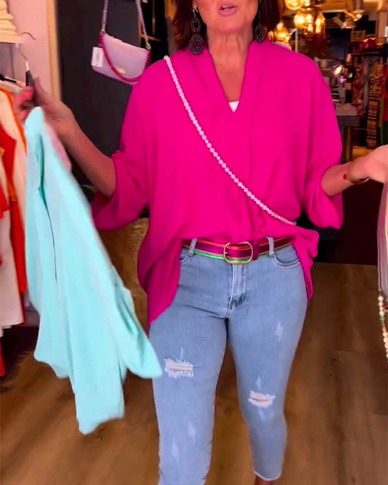 Casual enfärgad blus med V-ringning och trekvartsärm