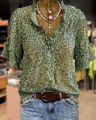 Blus Gröntons Leopard Tryck Ruffle