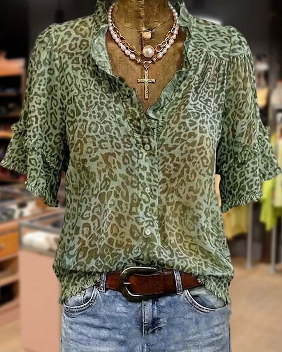 Blus Gröntons Leopard Tryck Ruffle