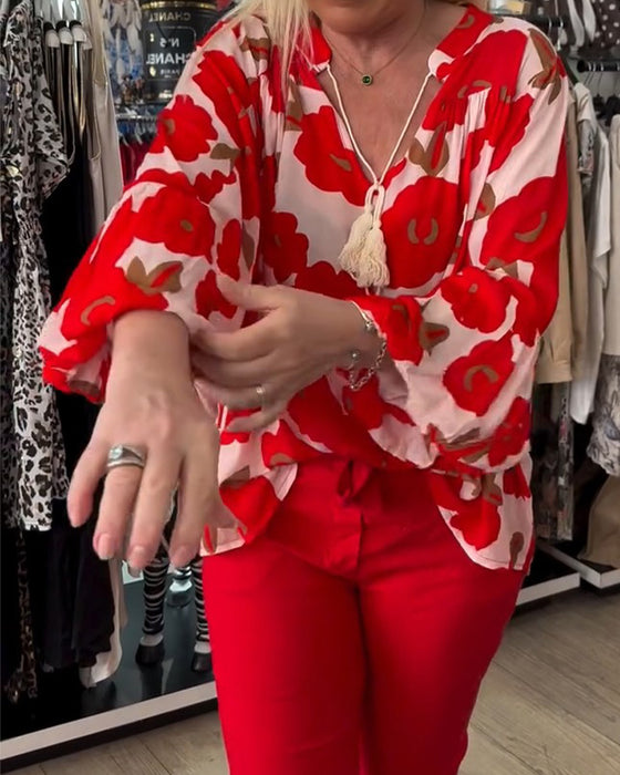 Blus Stor Blommig Knytning V-Hals
