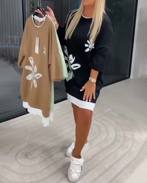 Sweatshirtklänning Rund Hals Tryckt Lappverk