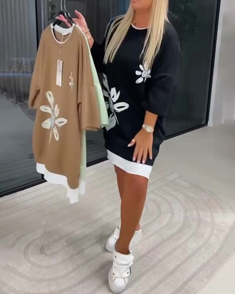 Sweatshirtklänning Rund Hals Tryckt Lappverk