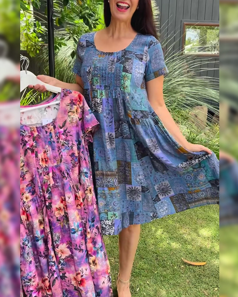 Klänning Rund Hals Veckad Tryckt A-Linje