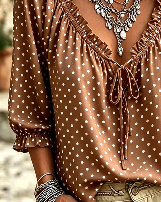 Blus V-Hals Ruffle Polka Dot Knytning