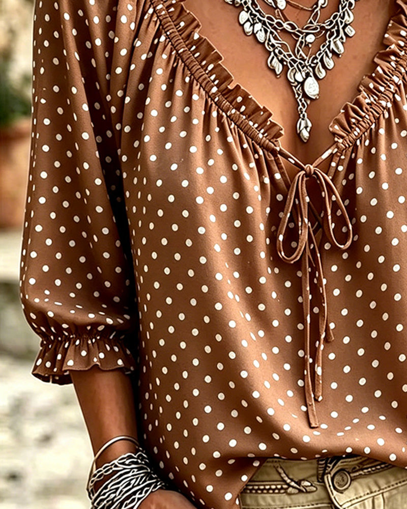 Blus V-Hals Ruffle Polka Dot Knytning