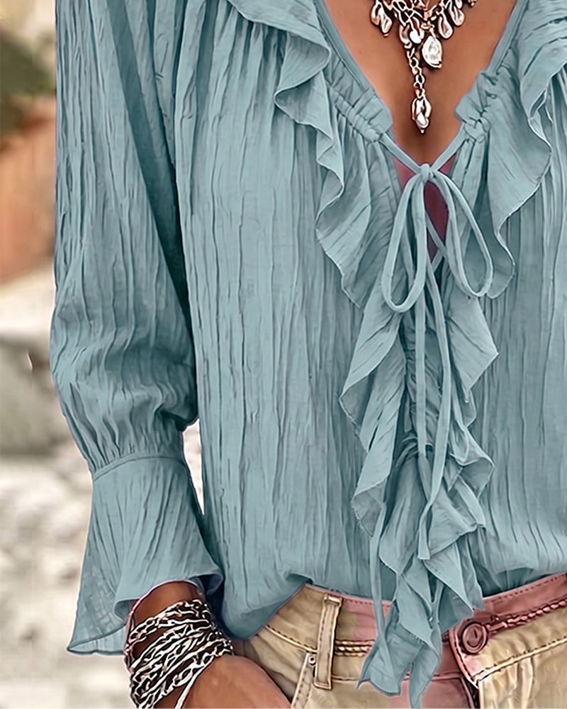 Blus Ruffle Trim Snörning Lång Ärm