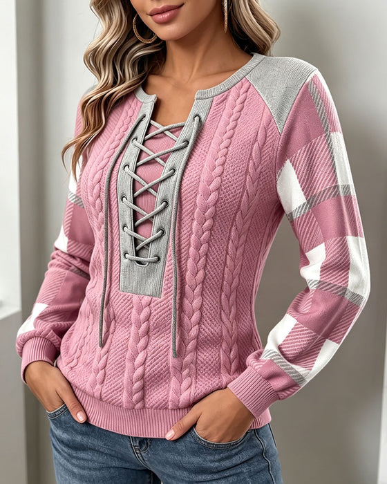 Sweatshirt Rund Halsringning Remmar Pläd Tryck