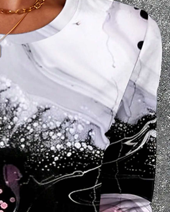 Topp Rund Halsringning Tryckt Casual Långärmad