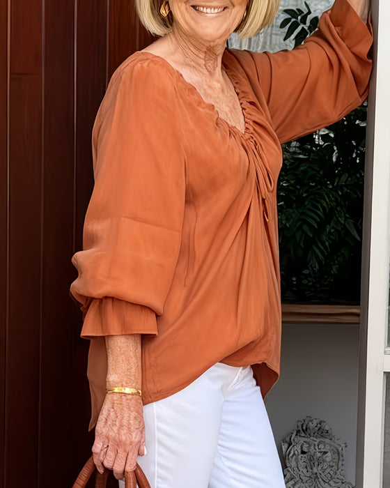 Blus V-Hals Rynkad Knytning Casual