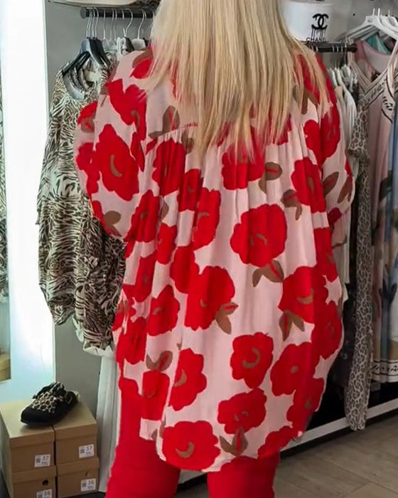 Blus Stor Blommig Knytning V-Hals