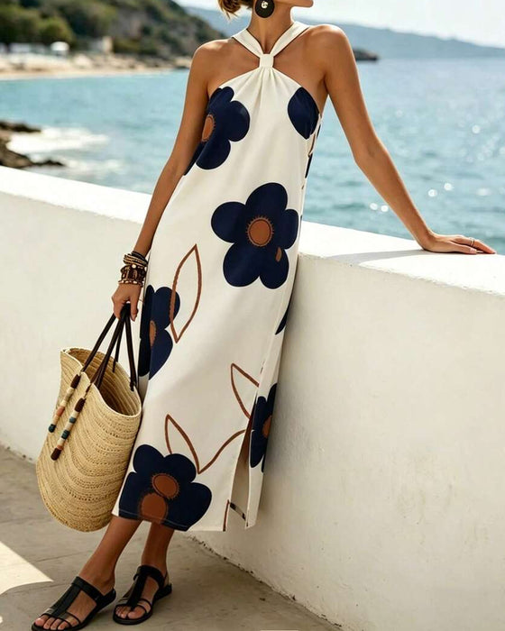 Klänning Kors Halter Blommig Slits Maxi