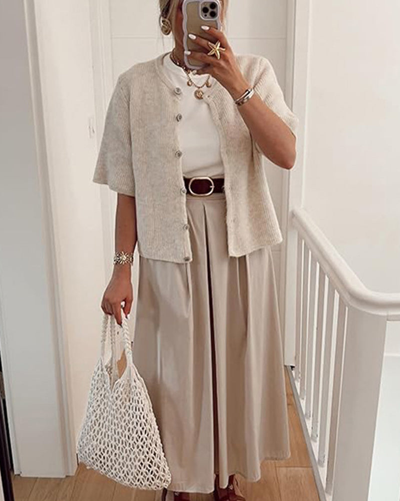 Tröja Cardigan Enfärgad Knäppning Framtill Kortärmad