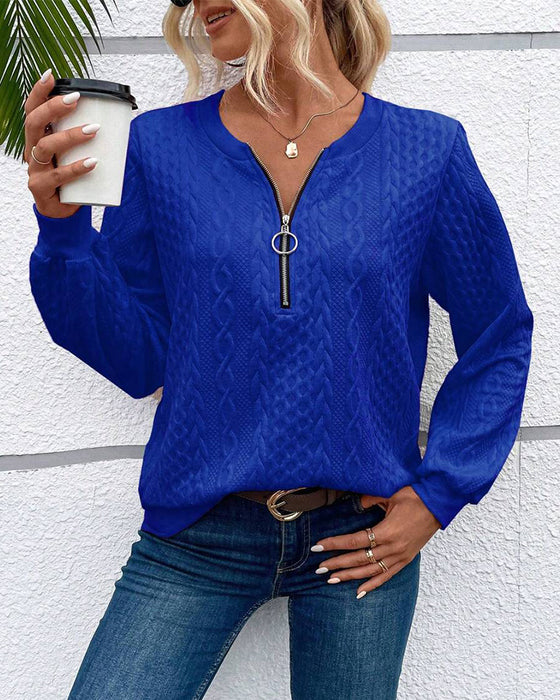 Casual enfärgad långärmad tröja med dragkedja