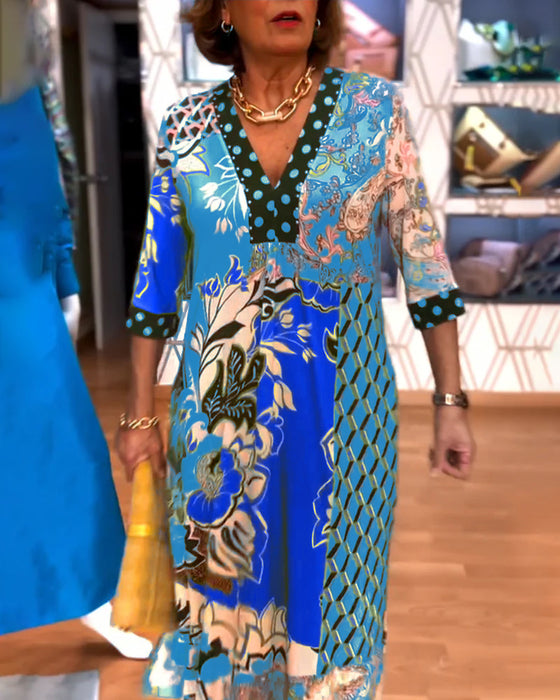 V-hals Klänning Med Vintage-tryck Och Spalt-Design