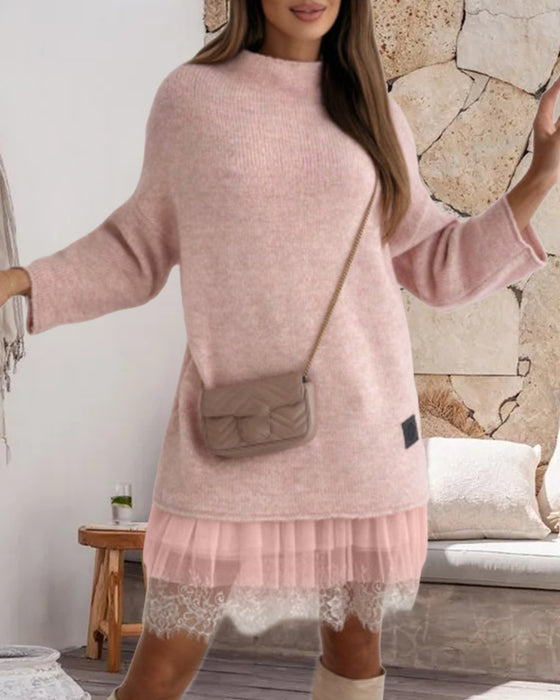 Casual hög krage pullover mesh klänning i enfärgad