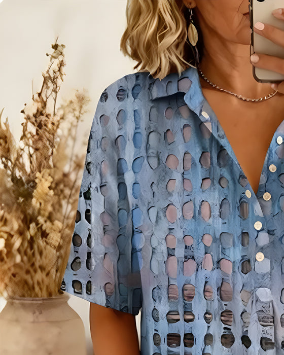 Blus Prickigt Print Knapp Halvknäppning