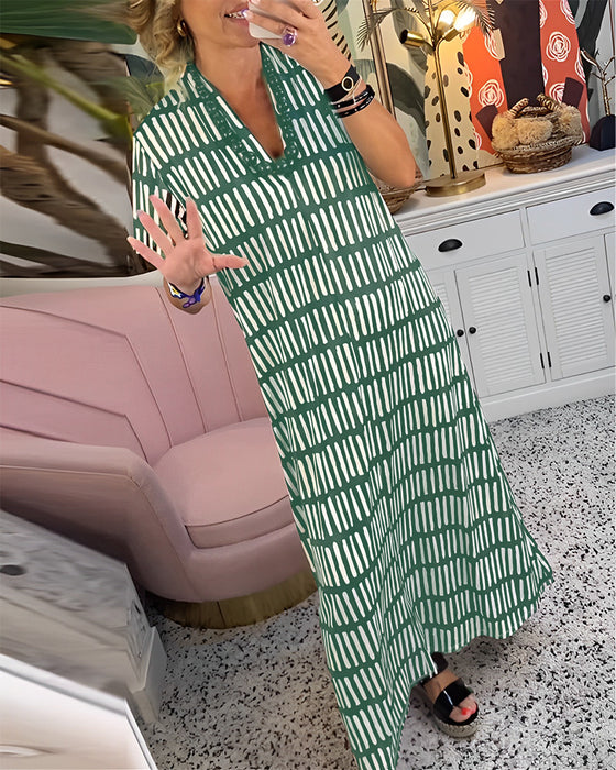 Tryckt kortärmad lång avslappnad klänning