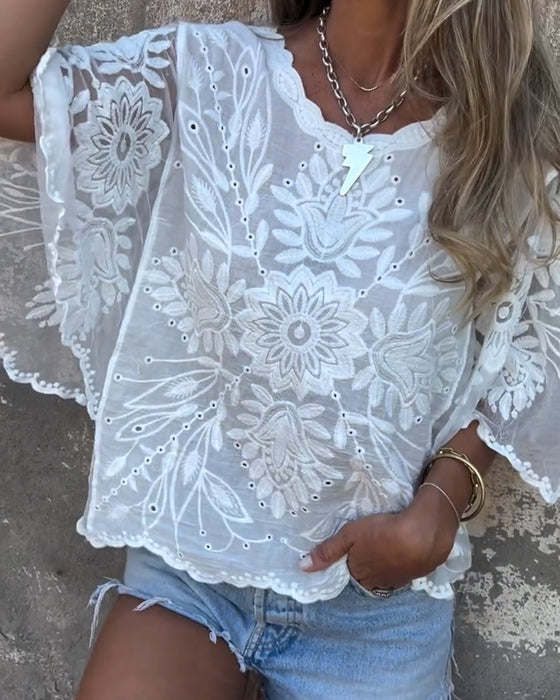 Blus Fjärilsärm Rund Hals Broderad