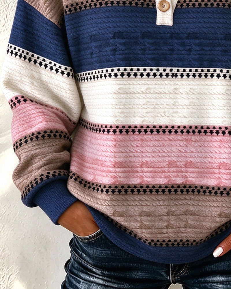 Sweatshirt V-Hals Knapp Färgblock Randig
