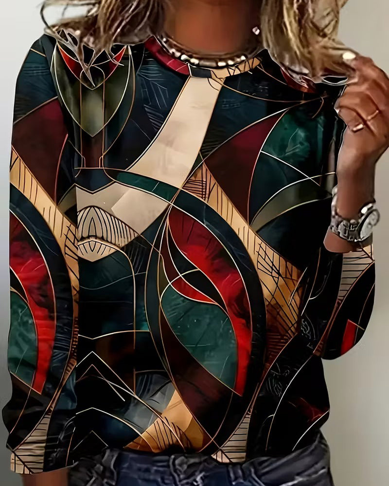 Topp Rund Halsringning Casual Tryckt Långärmad