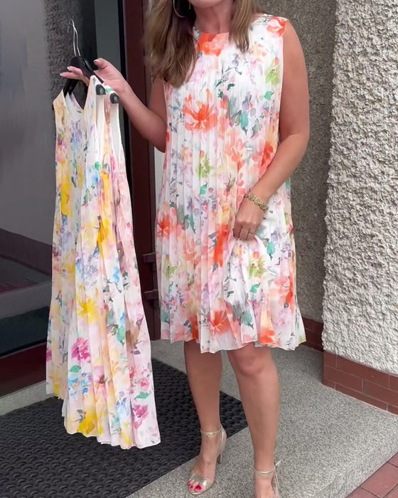 Klänning Ärmlös Plisserad Blommig