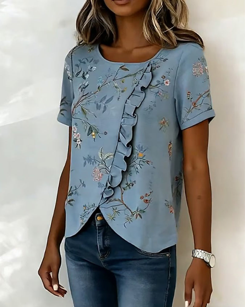 Blus Rundhalsad Kortärmad Rynkad Blommig