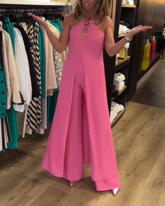 Halterneck slits enfärgad tvådelad set