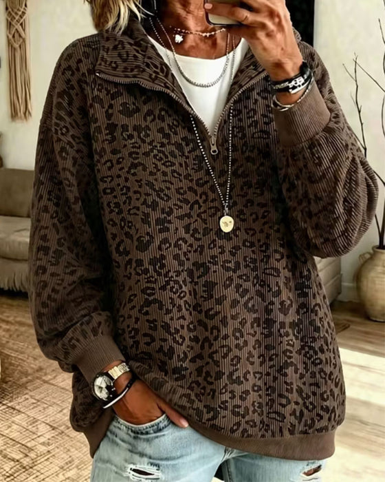 Sweatshirt Halv Dragkedja Leopard Pullover