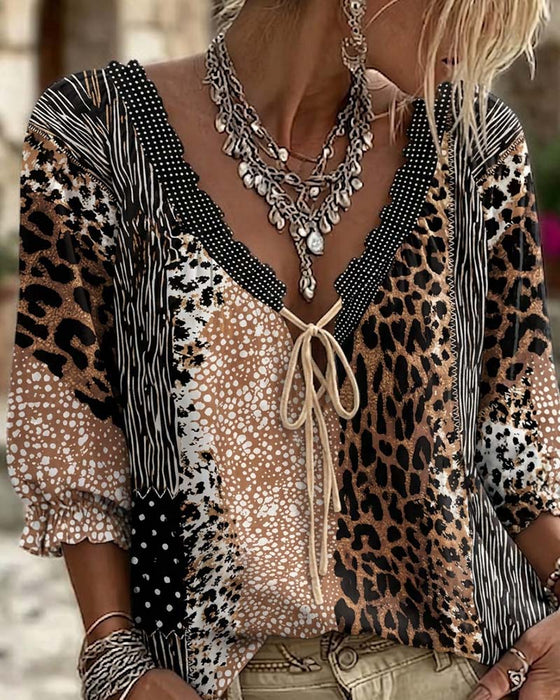Blus V-Hals Leopard Prick Bubbel Ärm