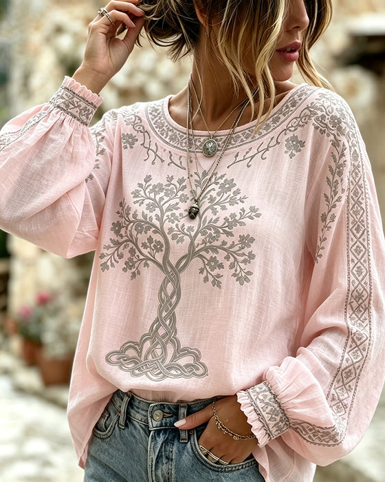 Blus Rundhalsad Träd Tryck Casual