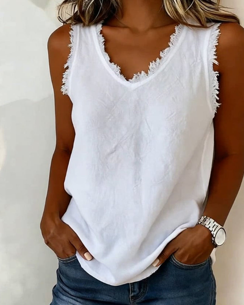 Linne Rå Kant V-Ringad Ärmlös