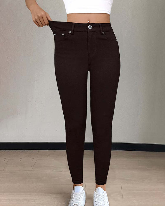 Byxa Kvinnors Ficka Enfärgad Slimmad Casual