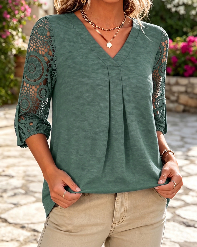 Blus Spets Patchwork V-Hals