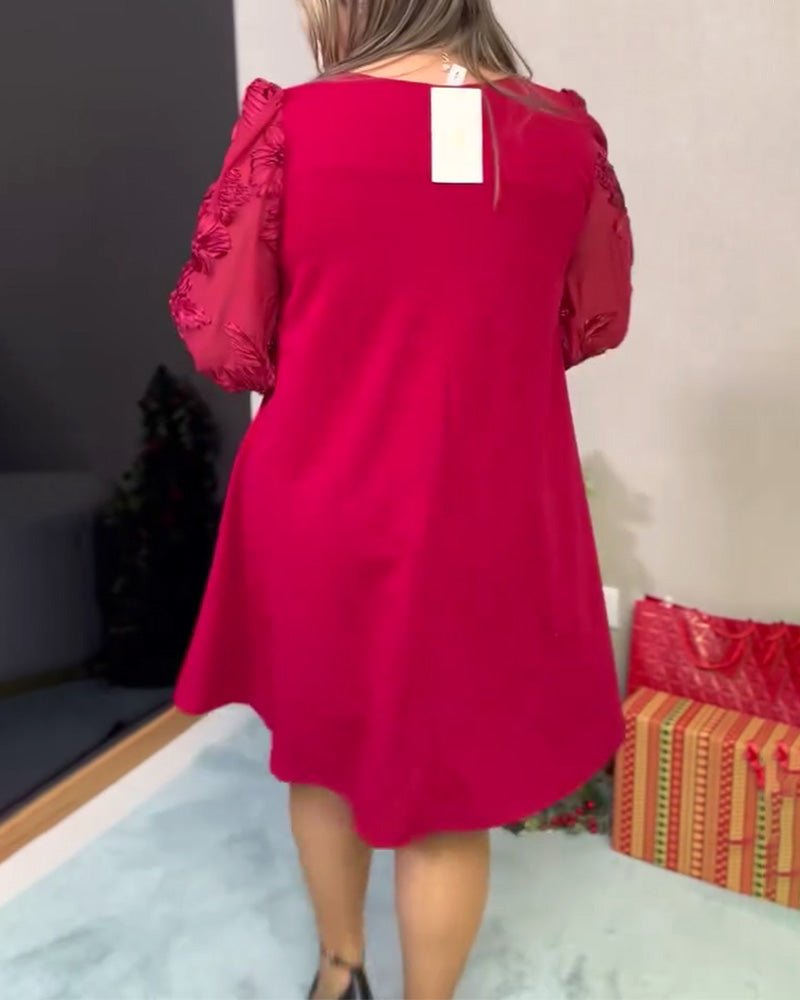 Klänning Puckad Ärm Nättyg Insydd V-hals Löst Sitthande