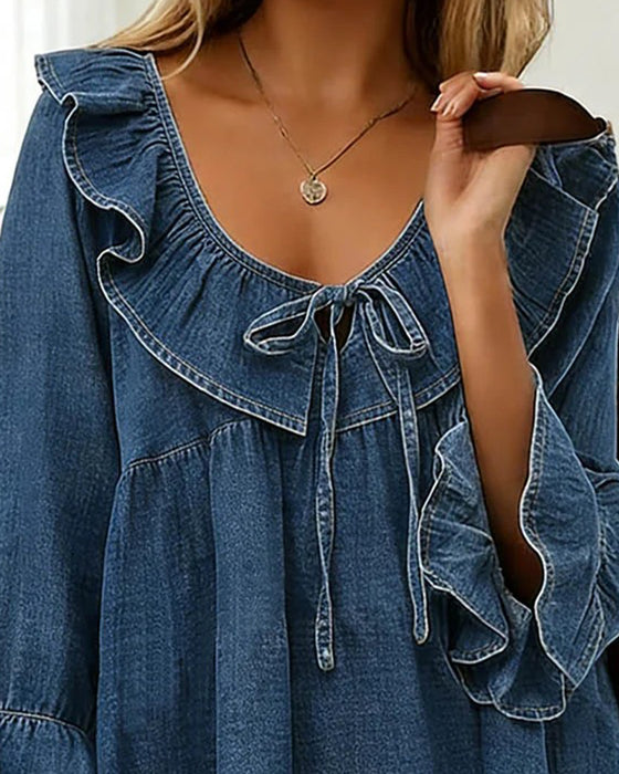 Blus Volangknyt Denim Rund Hals